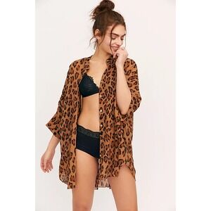 Free People Intimately Wake Up Shirt Swim Cover Up Leopard Print Small‎